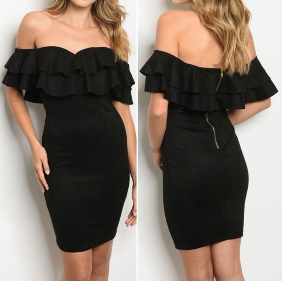 Trend Setter Diva Boutique Dresses & Skirts - BLACK FAUX SUEDE OFF SHOULDER DRESS